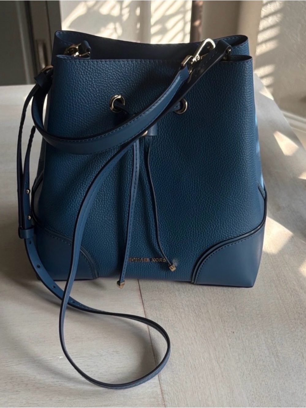 Michael Kors Navy Blue Pebbled Leather Drawstring Bucket Shoulder Bag